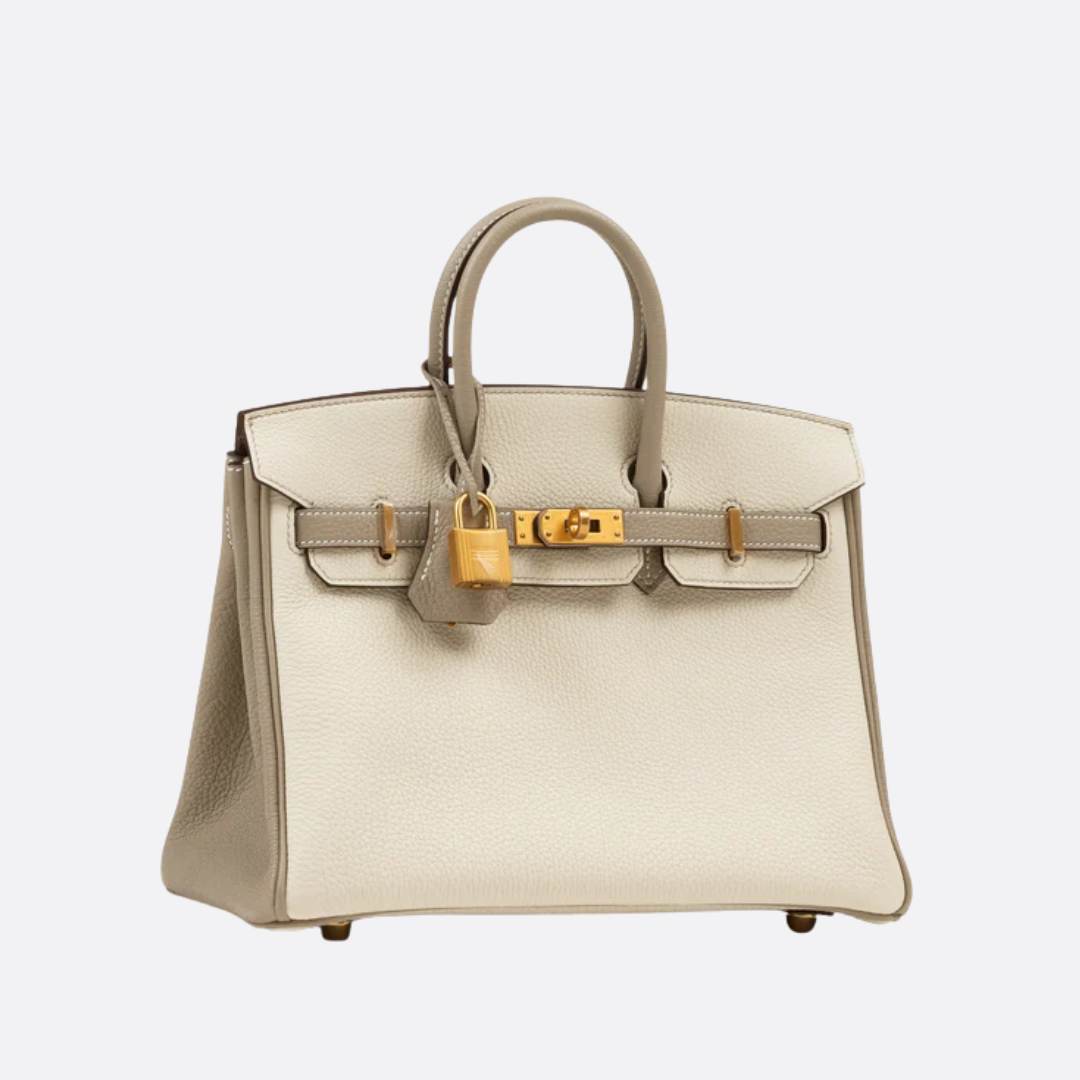 HERMÈS BIRKIN 25 HSS CRAIE/GRIS TOURTERELLE AUS TOGO-LEDER MIT GEBÜRSTETER GOLDENER HARDWARE