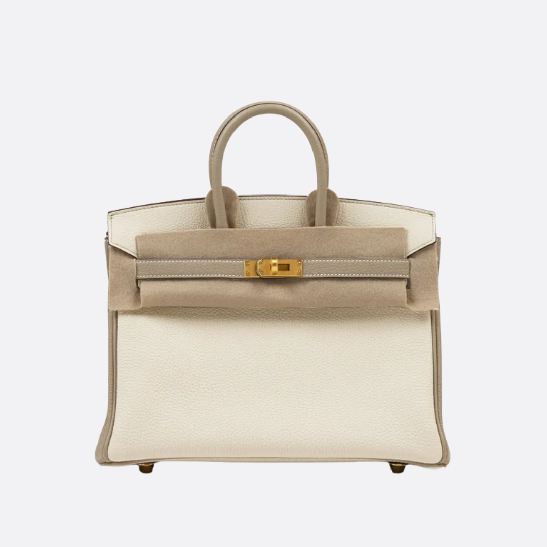 HERMÈS BIRKIN 25 HSS CRAIE/GRIS TOURTERELLE AUS TOGO-LEDER MIT GEBÜRSTETER GOLDENER HARDWARE