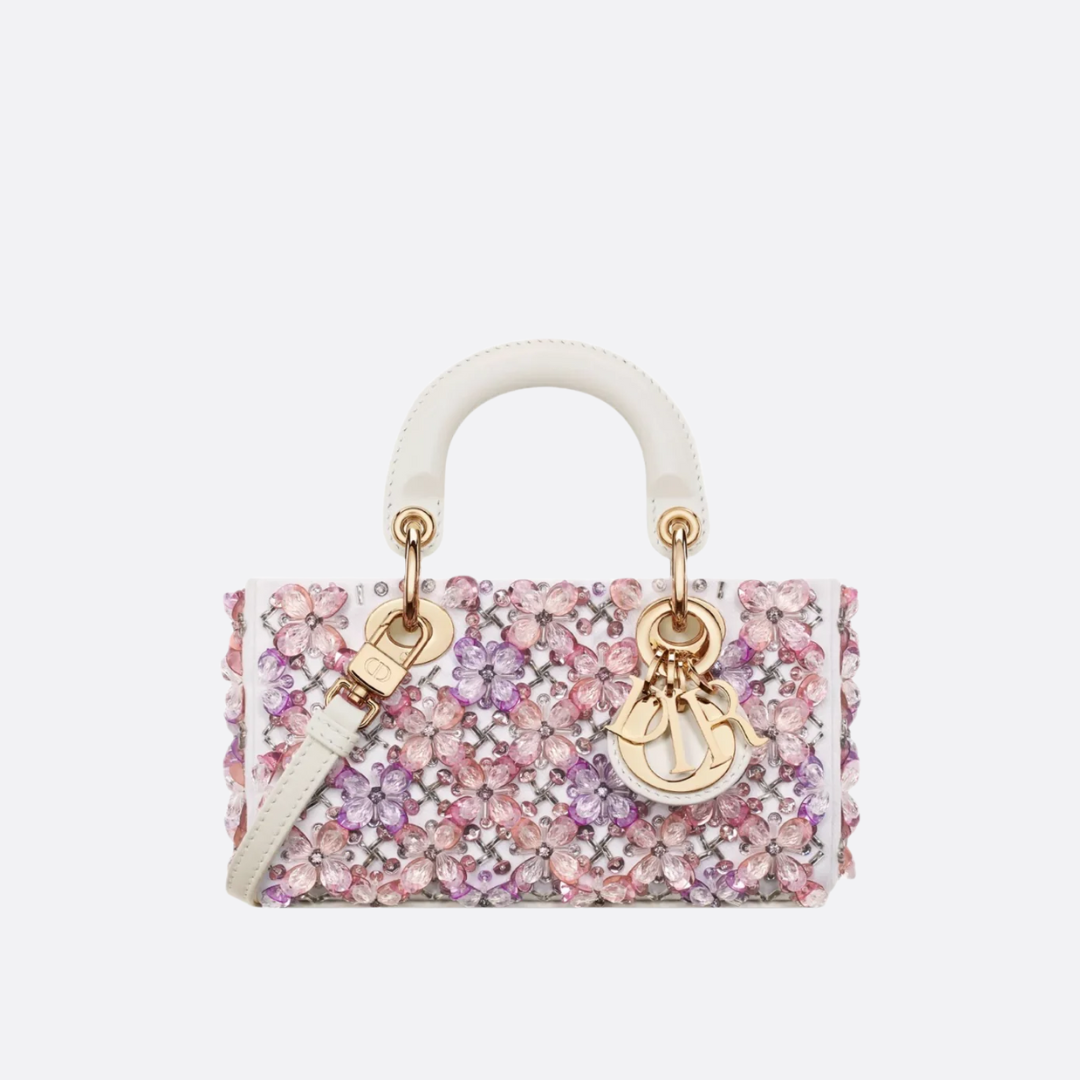 DIOR LADY D-JOY MICRO TASCHE AUS WEISSEM KALBSLEDER MIT ROSA BLUMENSTICKEREI UND STRASS