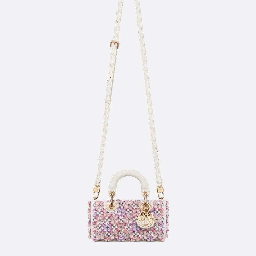 DIOR LADY D-JOY MICRO TASCHE AUS WEISSEM KALBSLEDER MIT ROSA BLUMENSTICKEREI UND STRASS