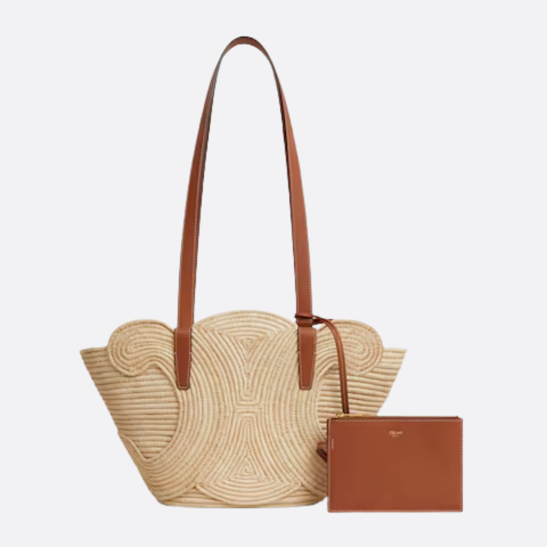 CELINE KLASSISCHER PANIER-KORB IN KLEIN MIT GEFLOCHTENEM TRIOMPHE AUS RAFFIA UND KALBSLEDER